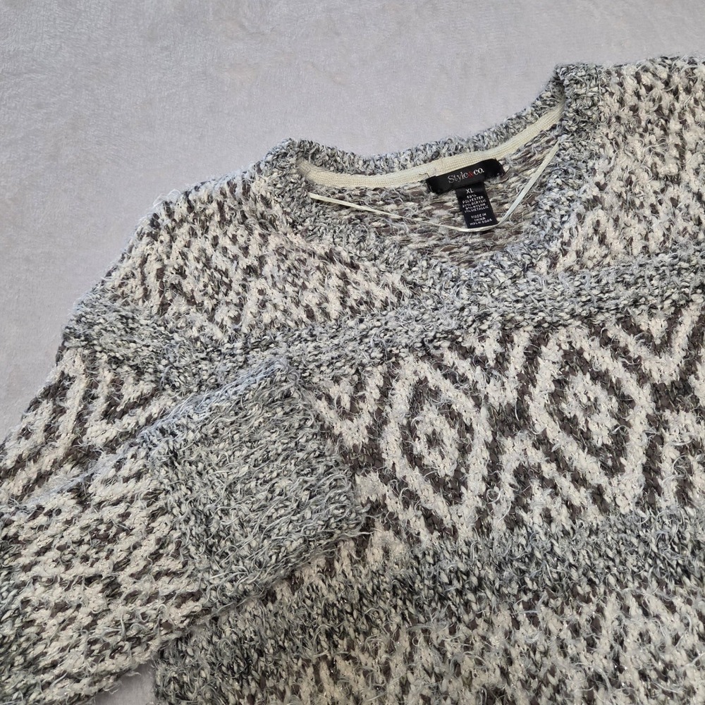 Style & Co Womens XL Gray White Geometric Eyelash Knit Metallic Sweater Boho